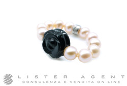 MIMI' Ring Elastica-Kollektion mit Flussperlen und Rose aus Onyx und 925 Silber. NEU!